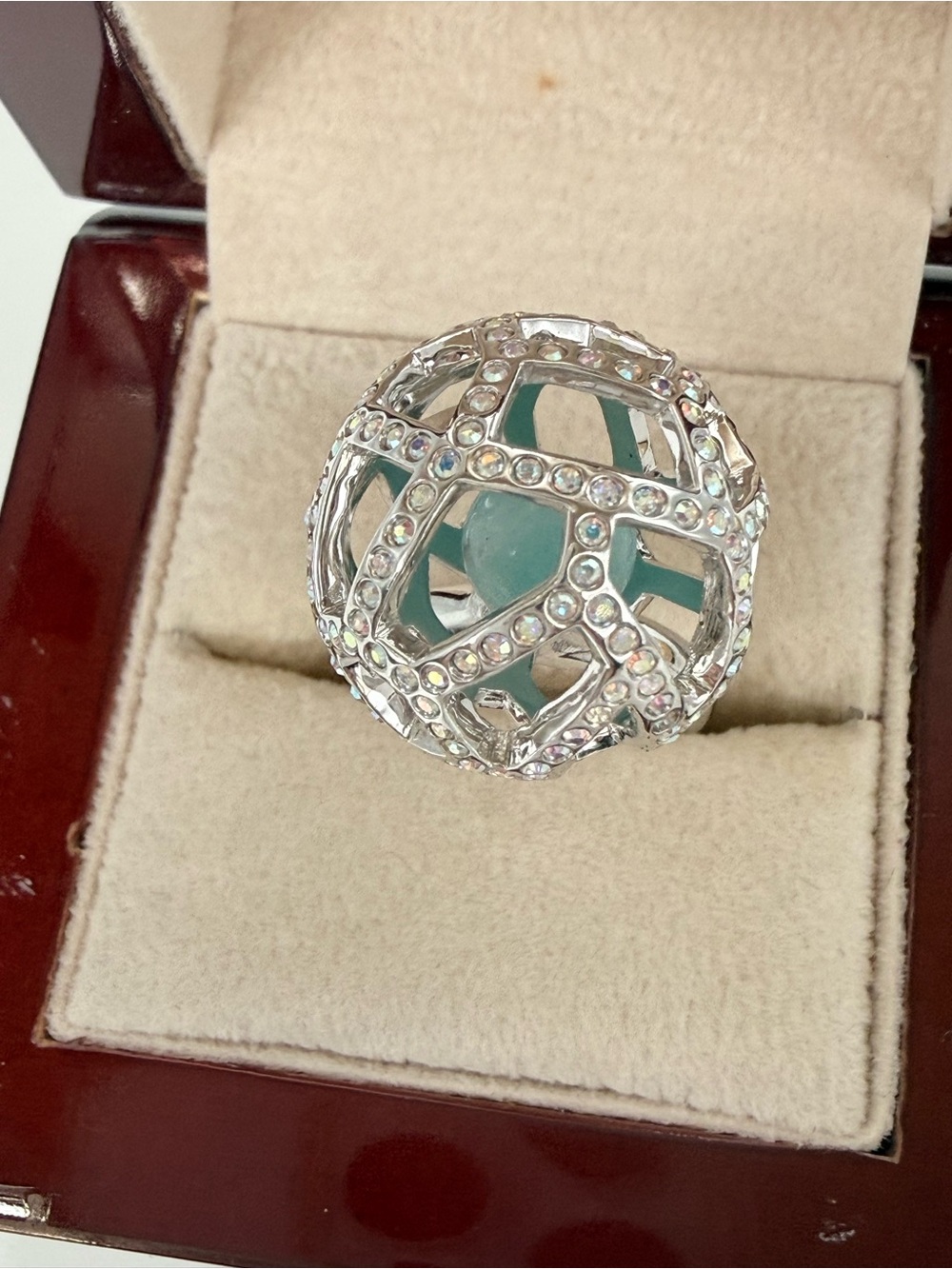 Swarovski Rhodium Silver Crystal Mesh Ball Ring AB crystals Jade Ball Inside - Picture 2 of 5